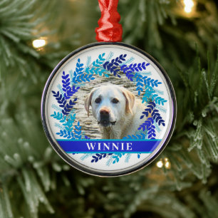 Pet Personalised Photo Christmas Blue Wreath Metal Tree Decoration