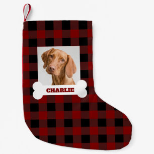 Pet Photo and Dog Bone with Name on Buffalo Plaid Small Christmas Stocking