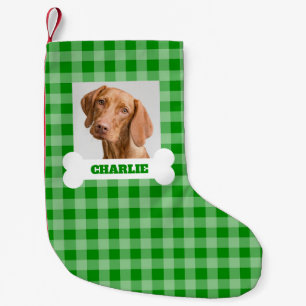 Pet Photo and Dog Bone with Name on Green Plaid Small Christmas Stocking