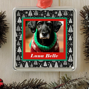 Pet Photo and Name Framed with Black & White Trees Metal Tree Decoration