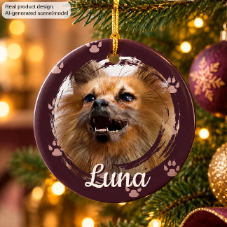 Pet Photo and Name Paw Print Christmas Keepsake Ceramic Tree Decoration