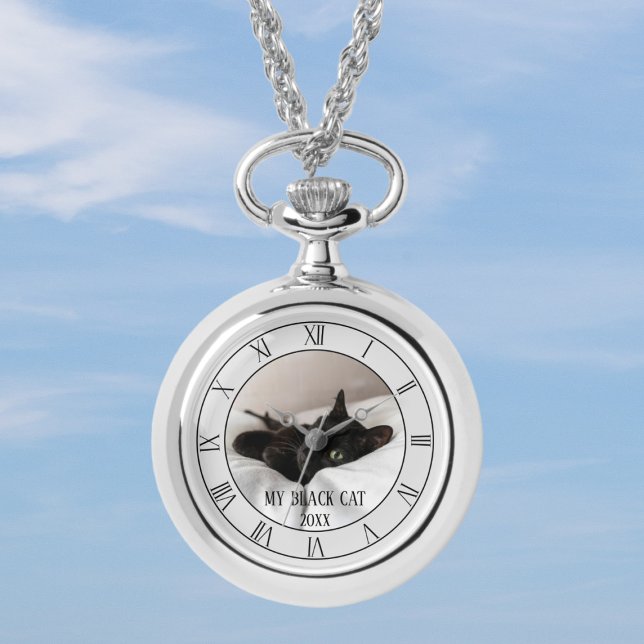 Pet Photo Black Cat Name Necklace Watch (Upload a photo of your best friend and add their name (or yours))