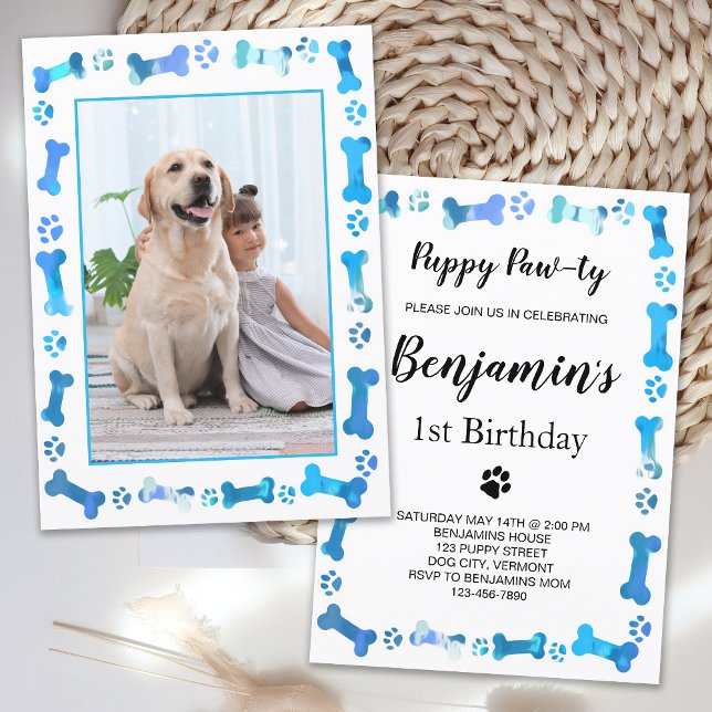 Pet Photo Blue Paw Prints Dog Birthday  Invitation (Creator Uploaded)