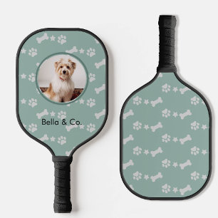 Pet Photo Bone Paw Pattern Sage Green Personalised Pickleball Paddle