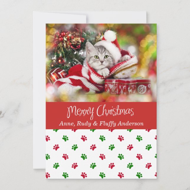 Pet Photo Christmas Card with Paw Prints (Front)