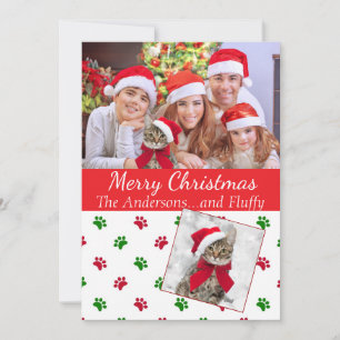 Pet Photo Christmas Card with Paw Prints