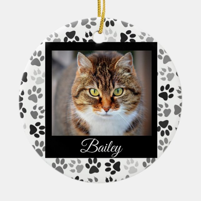 Pet Photo Christmas  Modern Paws Black White Ceramic Tree Decoration (Front)