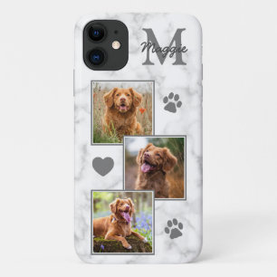 Pet Photo Collage Modern Monogram Marble Cat Dog iPhone 11 Case