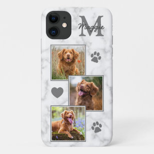 Pet Photo Collage Modern Monogram Marble Cat Dog Case-Mate iPhone Case