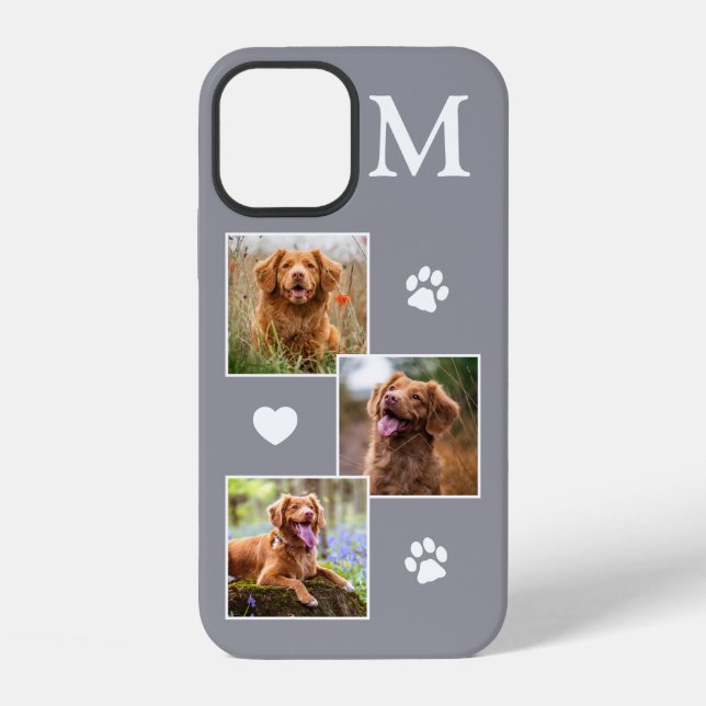 Pet Photo Collage Monogram Initial Grey Cat Dog iPhone Case (Back)