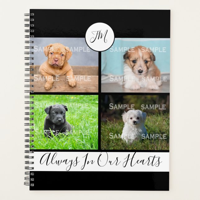 Pet photo collage | monogram modern stripes black planner (Front)