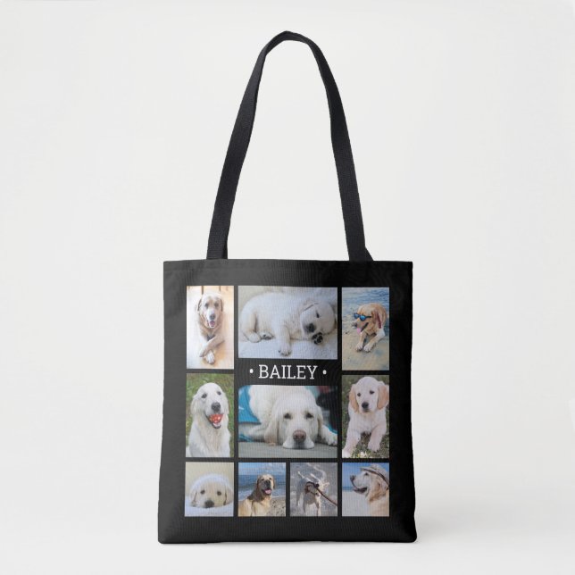 Pet Photo Collage Name Black Modern Stylish Dog Tote Bag (Front)