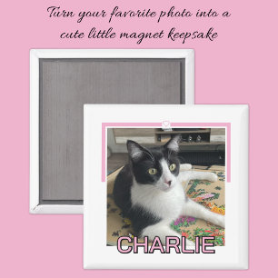 Pet photo custom name pink and white magnet