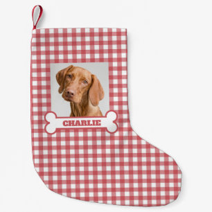 Pet Photo & Dog Bone with Name on Red White Plaid Small Christmas Stocking