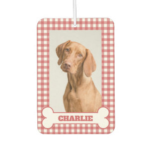 Pet Photo Dog Name in Bone on Red and White Plaid Car Air Freshener
