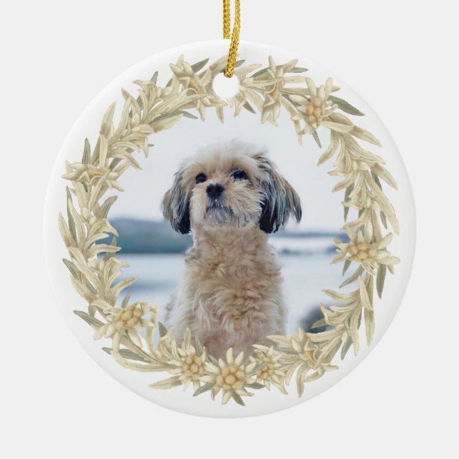 Pet Photo Edelweiss Alpine Floral Wreath  Ceramic Tree Decoration (Front)