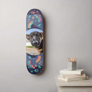 Pet photo, editable floral frame design skateboard