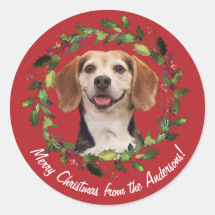 Pet Photo Family Name Merry Christmas Red Classic Round Sticker