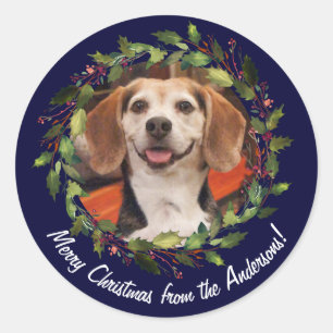 Pet Photo Family Name Merry Christmas Wreath Classic Round Sticker