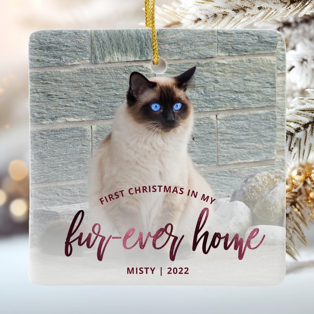 Pet Photo First Christmas Forever Home Burgundy Ceramic Ornament (Creator Uploaded)