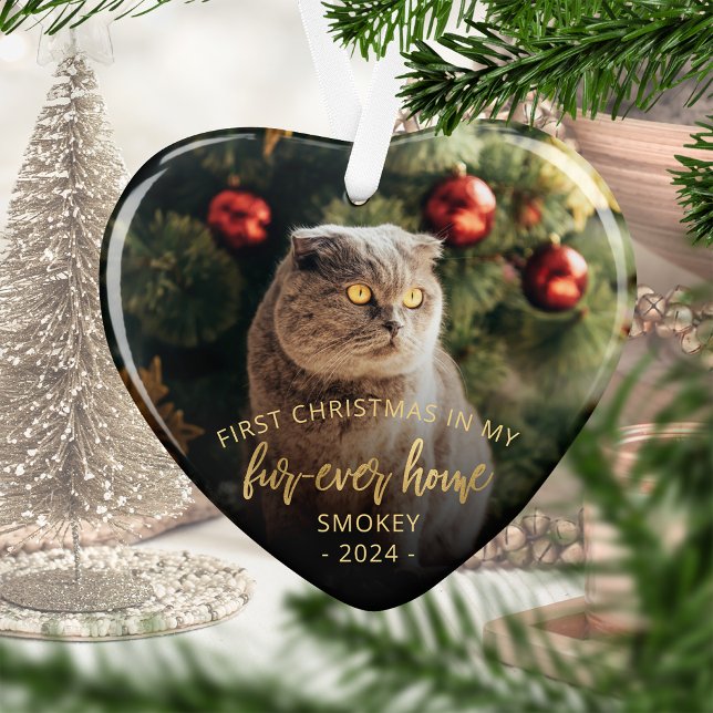 Pet Photo First Christmas Forever Home Gold Script Ornament (Creator Uploaded)