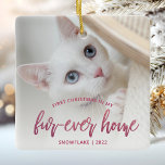 Pet Photo First Christmas Forever Home Pink Ceramic Ornament<br><div class="desc">Commemorate your pet's first Christmas in her new home with this beautiful modern keepsake ornament. The text reads "First Christmas in my fur-ever home, " with the words "fur-ever home" in elegant pink faux foil script. Replace the sample image with a photo of your cat or dog and add her...</div>