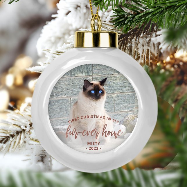Pet Photo First Christmas Forever Home Rose Gold Ceramic Ball Christmas Ornament (Creator Uploaded)