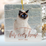 Pet Photo First Christmas Forever Home Rose Gold Ceramic Ornament<br><div class="desc">Commemorate your pet's first Christmas in their new home with this beautiful modern keepsake ornament. The text reads "First Christmas in my fur-ever home, " with the words "fur-ever home" in elegant rose gold faux foil script. Replace the sample image with a photo of your cat or dog and add...</div>