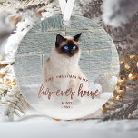 Pet Photo First Christmas Forever Home Rose Gold Ornament<br><div class="desc">Commemorate your pet's first Christmas in their new home with this beautiful modern keepsake ornament. The text reads "First Christmas in my fur-ever home, " with the words "fur-ever home" in elegant rose gold faux foil script. Replace the sample image with a photo of your cat or dog and add...</div>