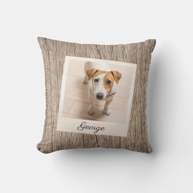 Pet Photo Frame Rustic Wood Personalised Cushion (Front)
