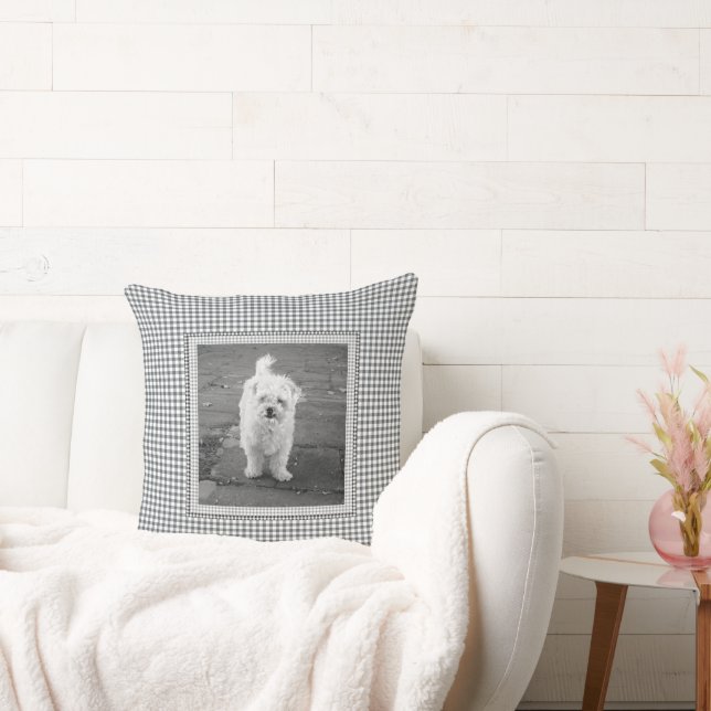 Pet PHOTO Gingham NAME Dog Decor Black White Cushion (Couch)