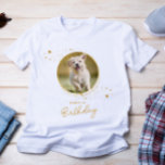 Pet Photo Gold Stars Dog Birthday Personalised T-Shirt<br><div class="desc">Puppy Pawty ! Add the finishing touch to your puppy or dogs birthday with this elegant gold custom pet photo and glitter stars party shirts. Add your pup's favourite photo and personalise with name, age birthday! See out Puppy Dog birthday collection for matching birthday invitations, party decor, favours, and gifts....</div>