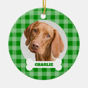 Pet Photo Green Plaid and Custom Name on Dog Bone  Ceramic Tree Decoration