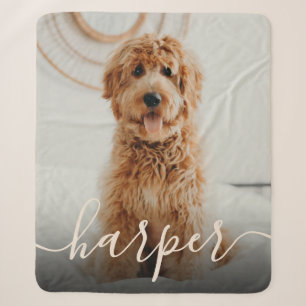 Pet Photo & Handwritten Script Name Sherpa Blanket