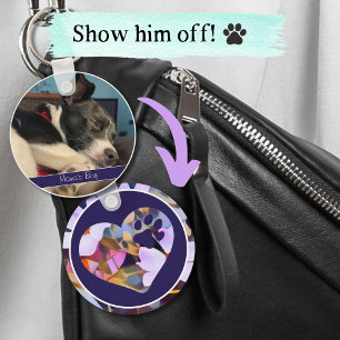 Pet Photo Keychain with Name in Purple and Blue