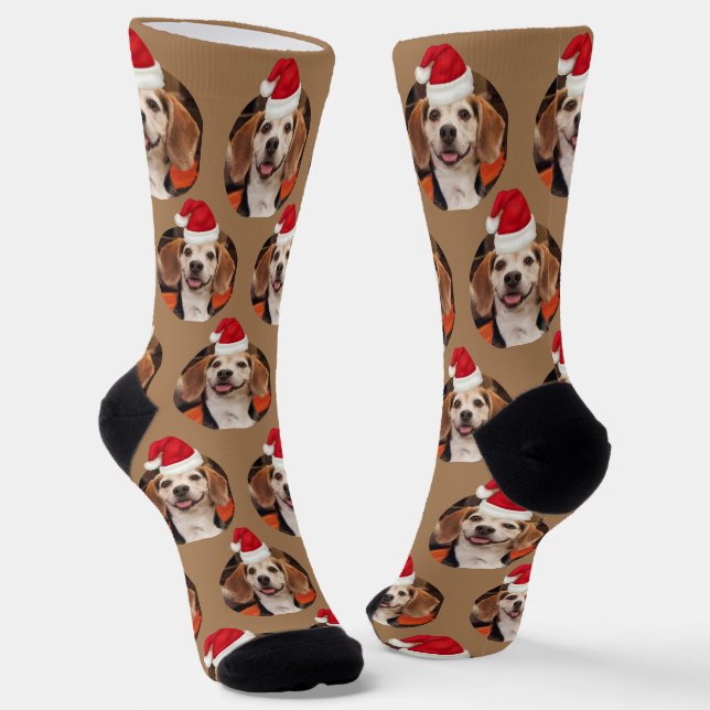 Pet Photo Light Brown Santa Hats on Head Christmas Socks (Angled)