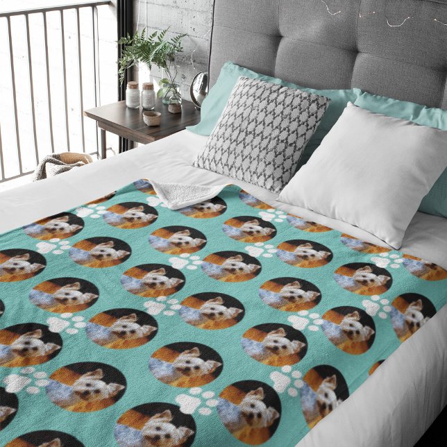 Pet Photo Light Teal w Paw Print Cute Modern Fleece Blanket (Creator Uploaded)