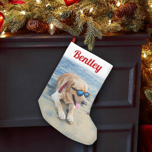 Pet Photo Modern Festive Red Script Cute Dog Cat Small Christmas Stocking
