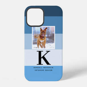 Pet Photo Modern Monogram Blue Colorbox Stripes iPhone 12 Case