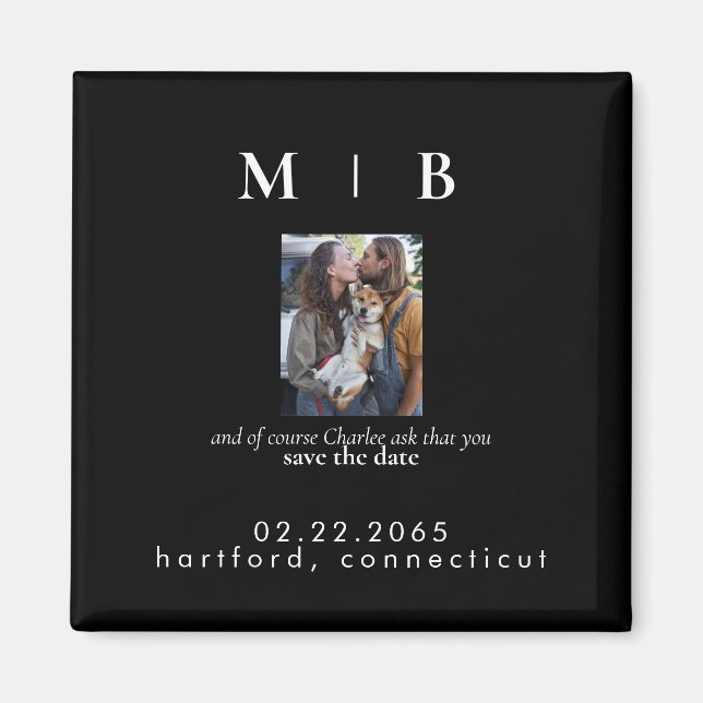 Pet Photo Monogram Black Save the Date Wedding Magnet (Front)