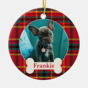 Pet Photo & Name Christmas Red and Green Plaid Ceramic Tree Decoration