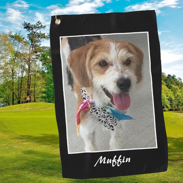 Pet Photo & Name, Customise, Black & White Golf Towel (Creator Uploaded)