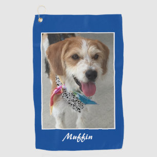 Pet Photo & Name, Customise, Deep Blue & White Golf Towel