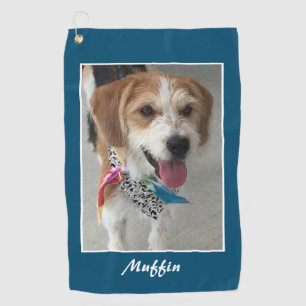 Pet Photo & Name, Customise, Ocean Blue & White Golf Towel