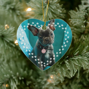 Pet Photo & Name Heart Paw Prints Border Ceramic Tree Decoration