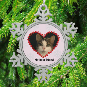 Pet photo name pawprints heart pink snowflake pewter christmas ornament