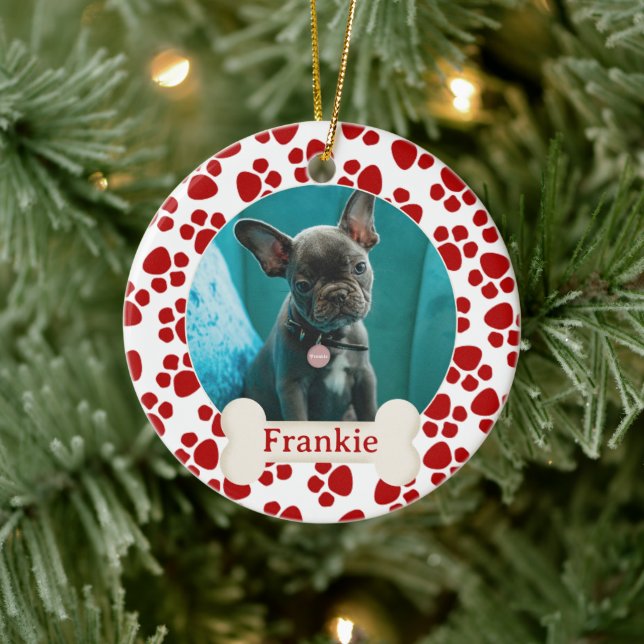 Pet Photo & Name Red Paw Prints Ceramic Tree Decoration (Tree)