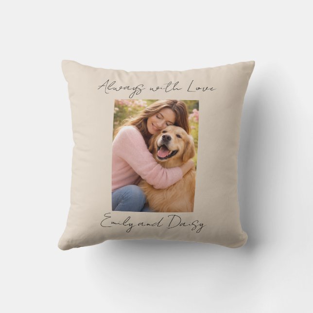 Pet Photo Name Text Throw Pillow Beige Love Always (Back)