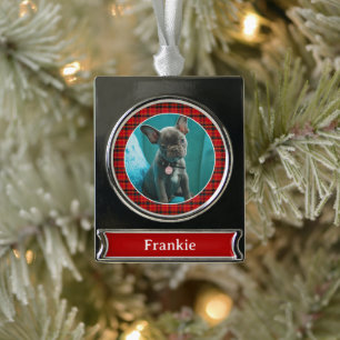 Pet Photo & Name with Red and Green Plaid Silver Plated Banner Ornament