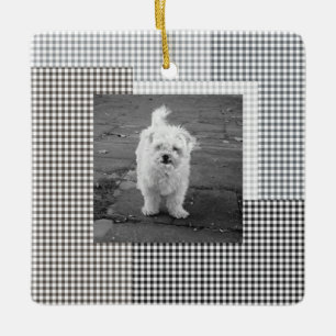 Pet PHOTO NAME YEAR Classic Neutral Gingham Fun Ceramic Ornament